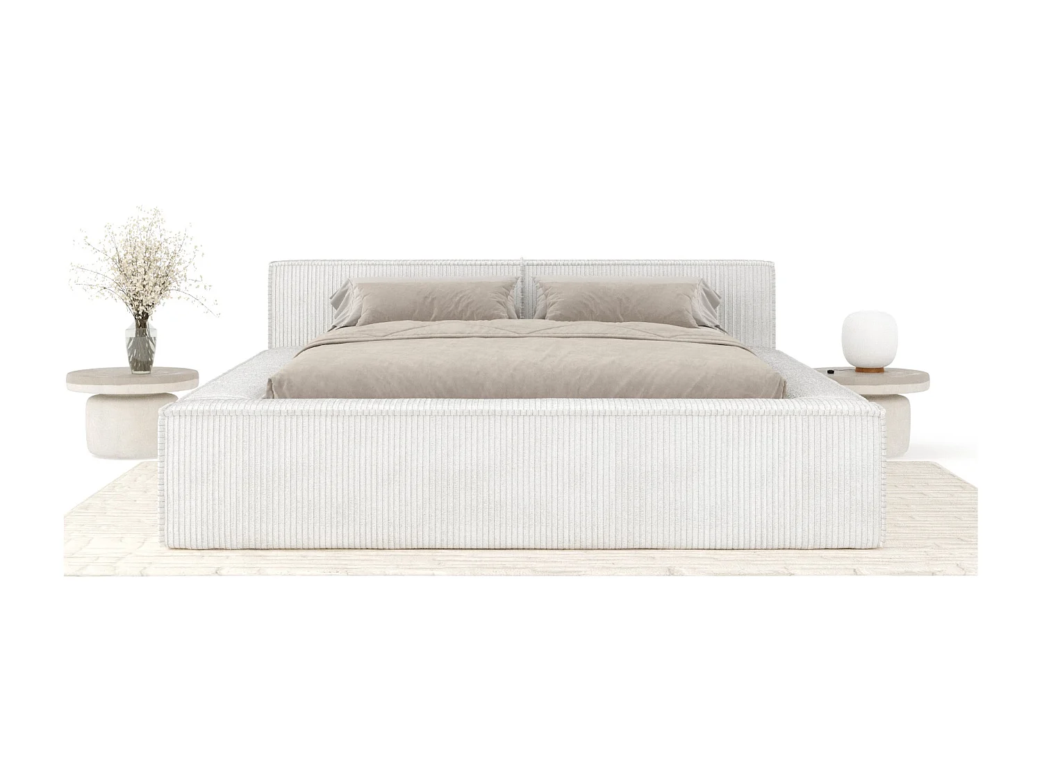 Lit coffre 140 x 200 cm avec tête de lit VOLIERA - en velours - creme