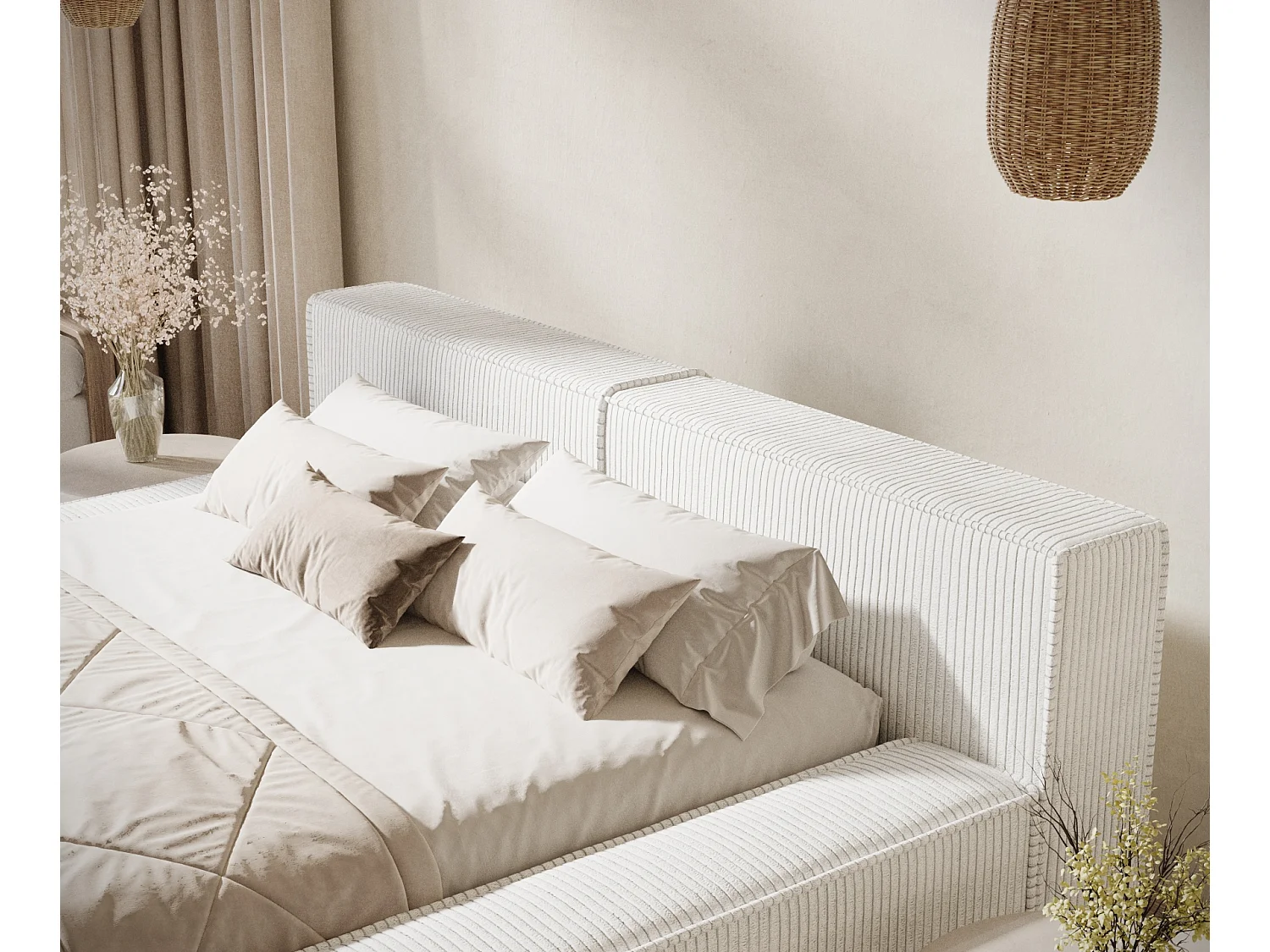 Lit coffre 140 x 200 cm avec tête de lit VOLIERA - en velours - creme