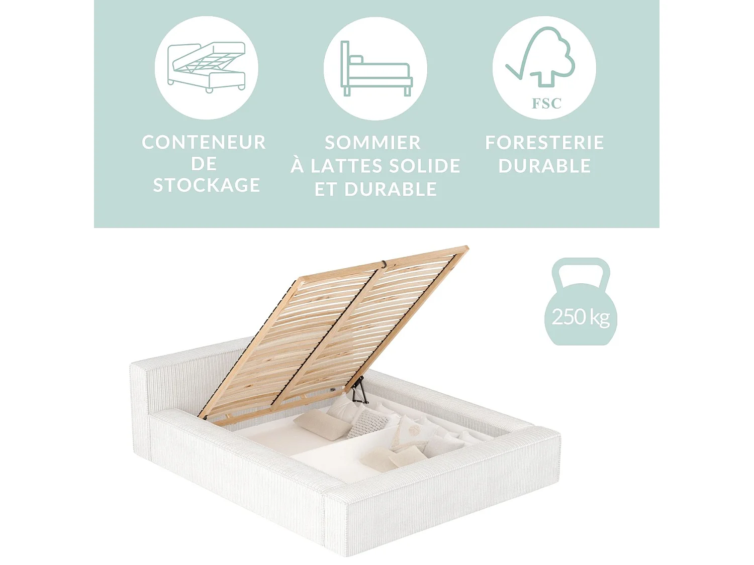 Lit coffre 140 x 200 cm avec tête de lit VOLIERA - en velours - creme