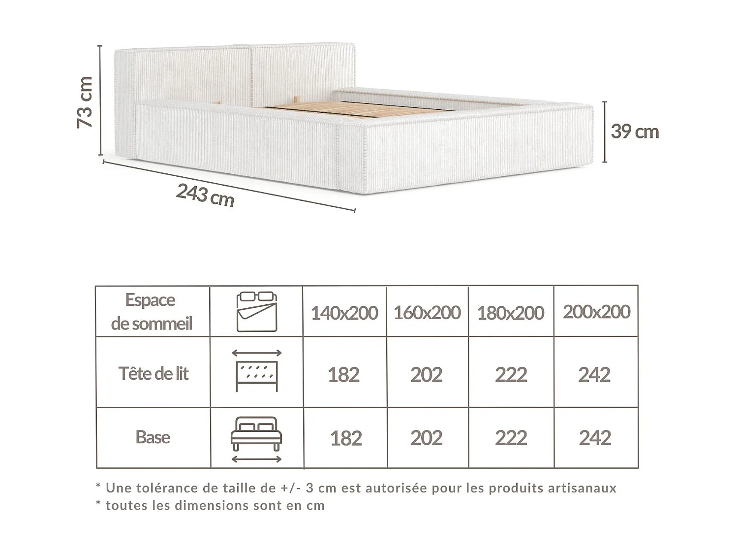 Lit coffre 140 x 200 cm avec tête de lit VOLIERA - en velours - creme