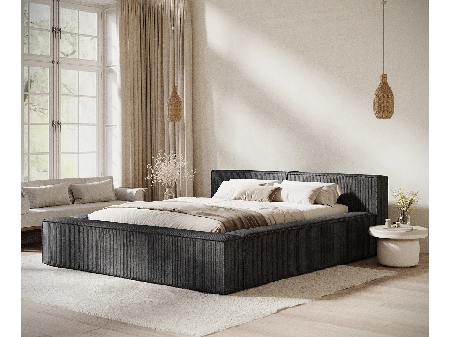 Lit coffre 160 x 200 cm avec tête de lit VOLIERA - en velours - graphite