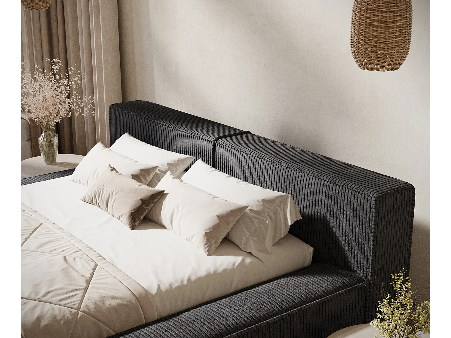 Lit coffre 160 x 200 cm avec tête de lit VOLIERA - en velours - graphite