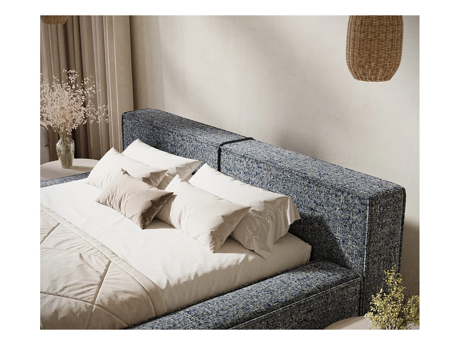 Lit coffre 160 x 200 cm avec tête de lit VOLIERA - en tissu tressé - bleu marine