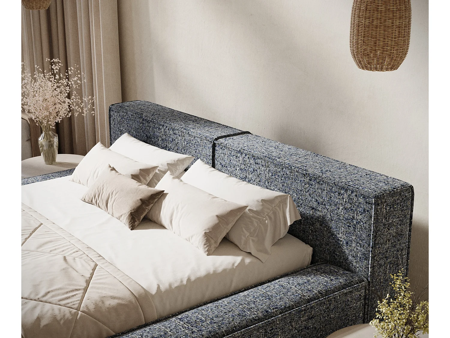 Lit coffre 160 x 200 cm avec tête de lit VOLIERA - en tissu tressé - bleu marine