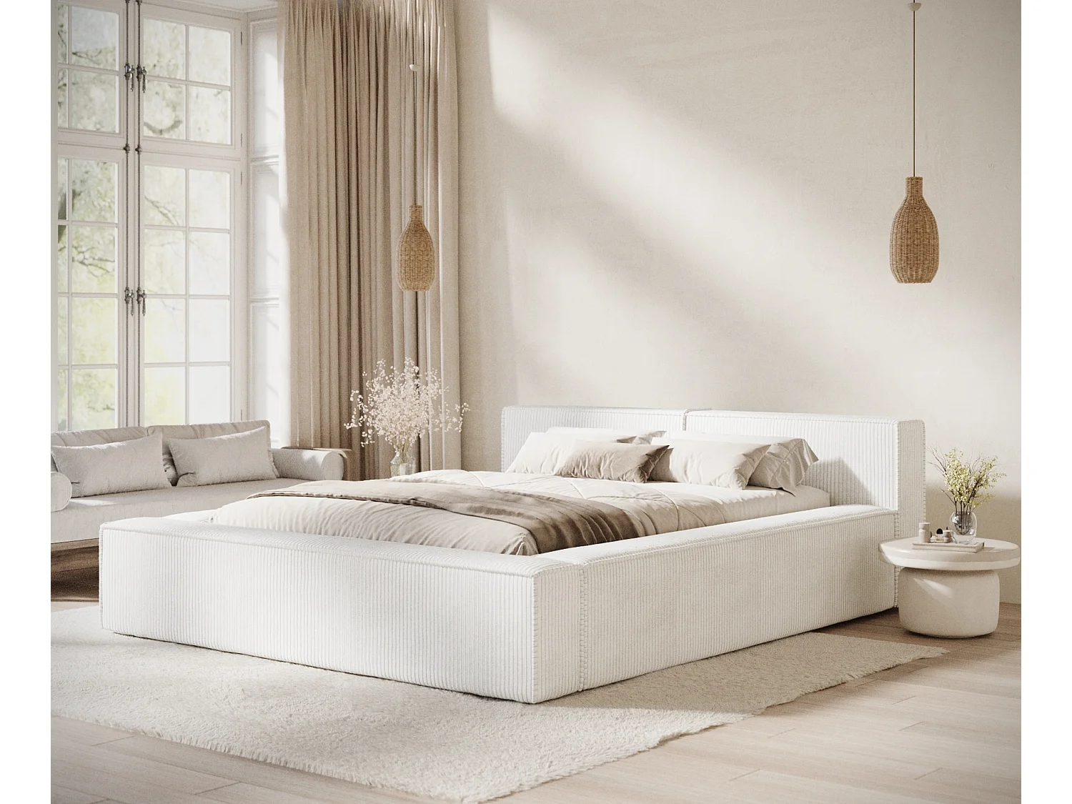 Lit coffre 200 x 200 cm avec tête de lit VOLIERA - en velours - creme