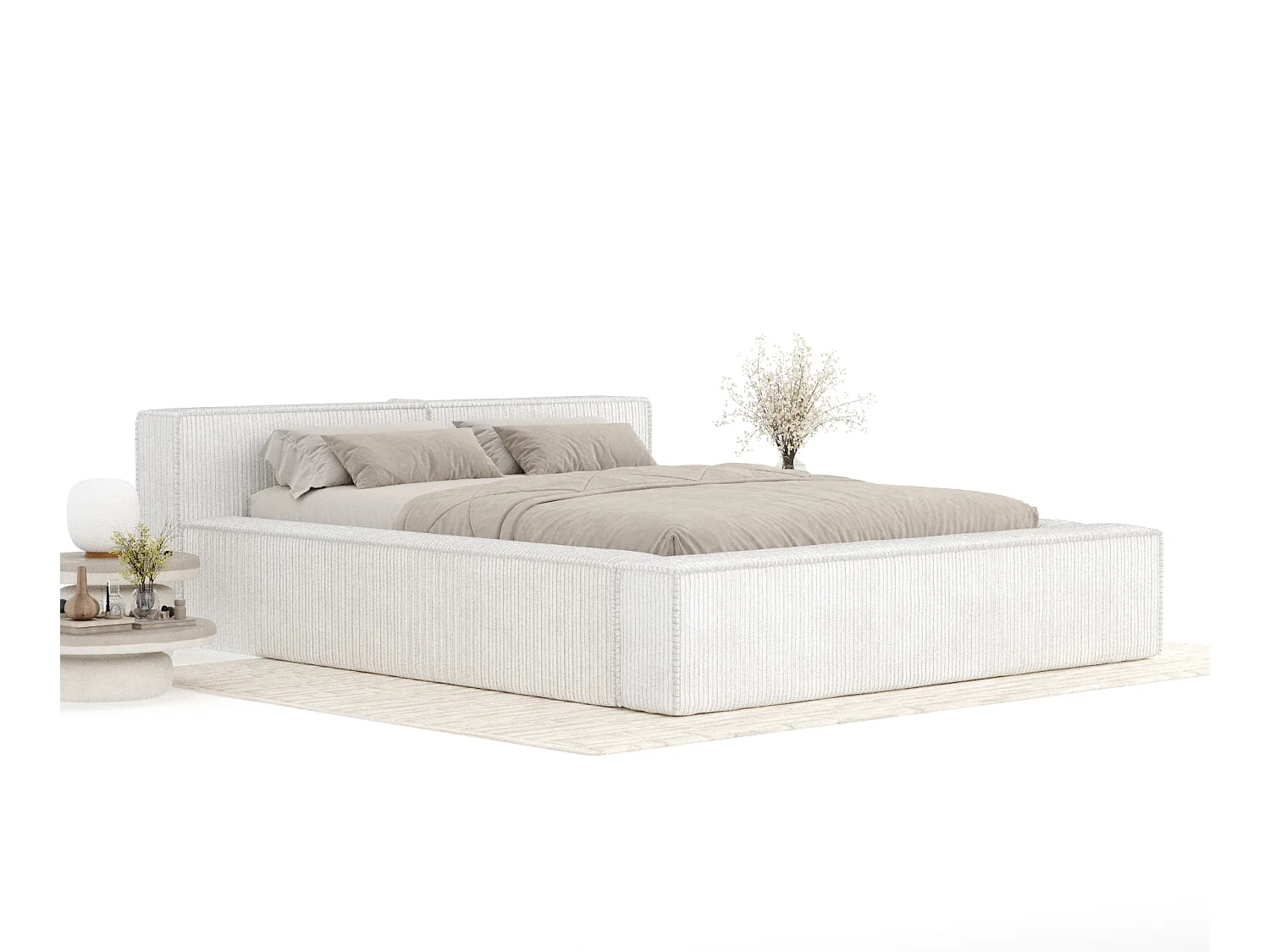 Lit coffre 200 x 200 cm avec tête de lit VOLIERA - en velours - creme