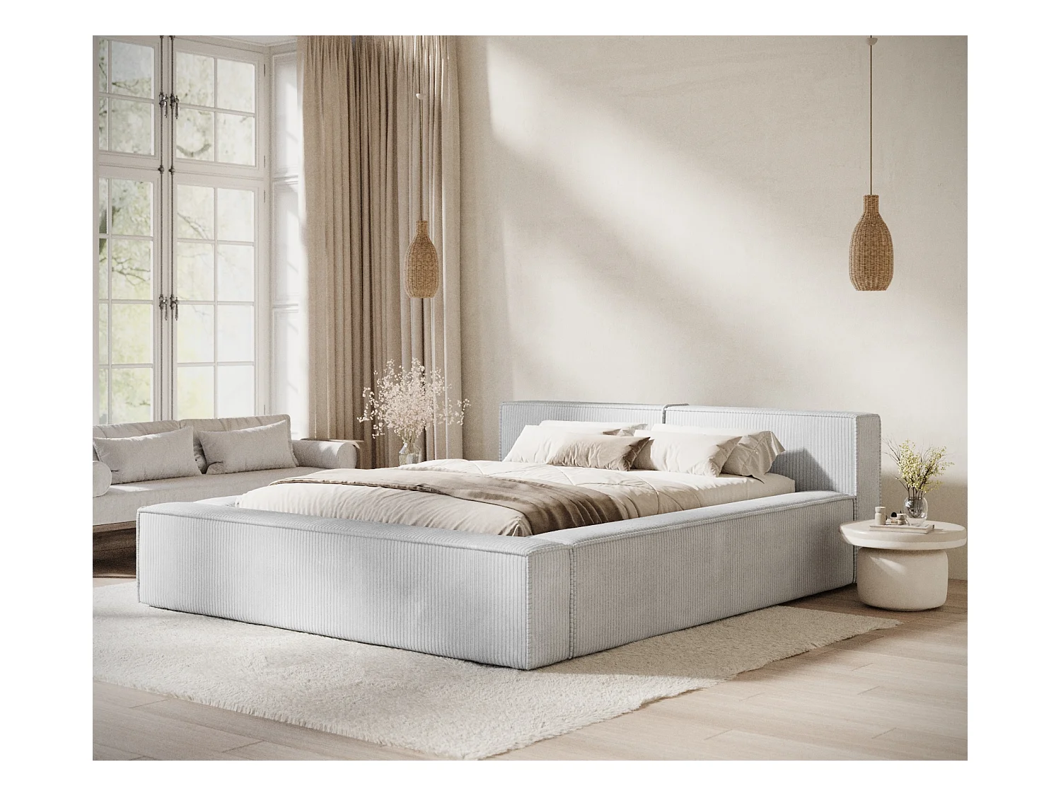 Lit coffre 160 x 200 cm avec tête de lit VOLIERA - en velours - gris clair