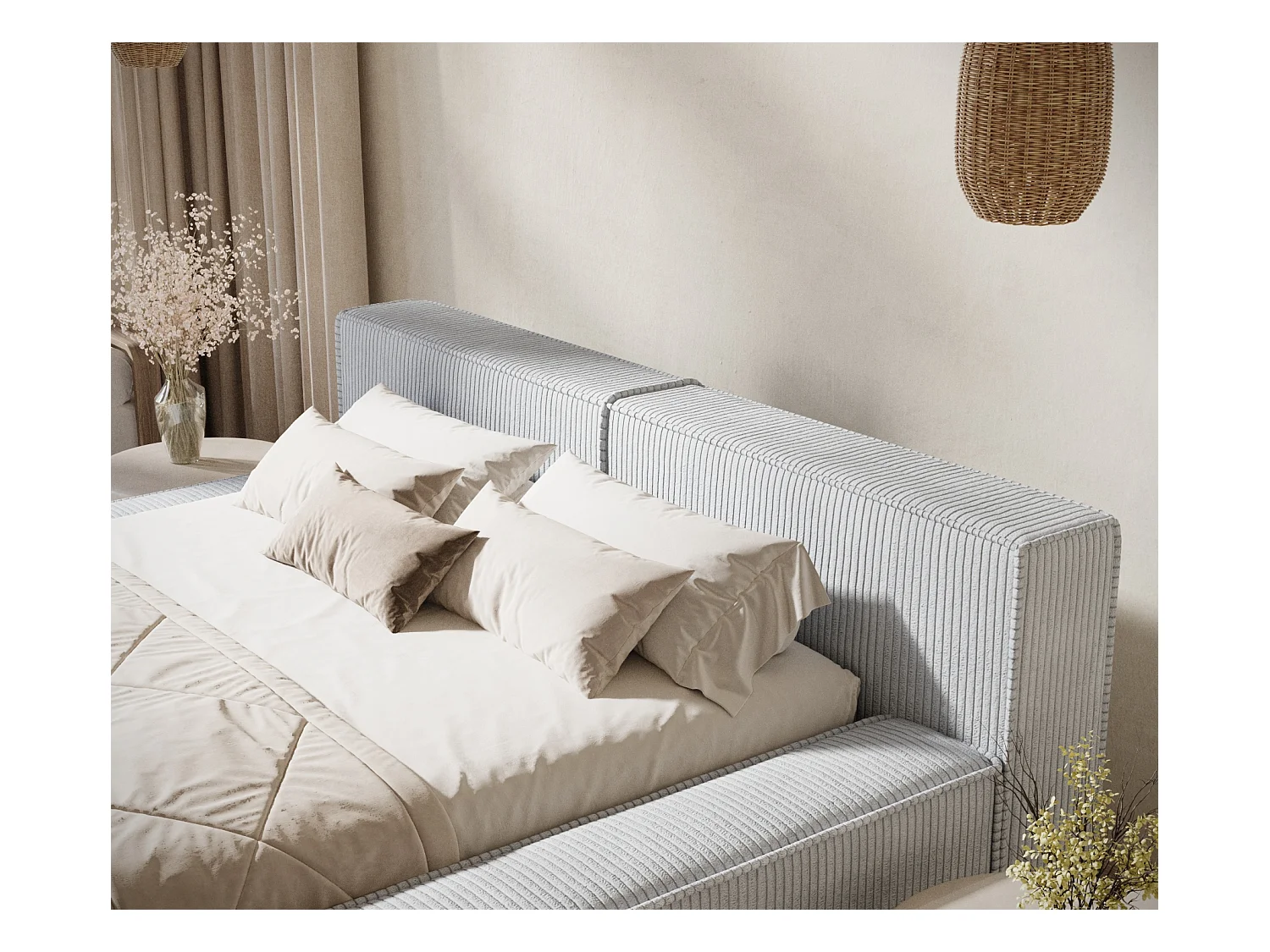 Lit coffre 160 x 200 cm avec tête de lit VOLIERA - en velours - gris clair