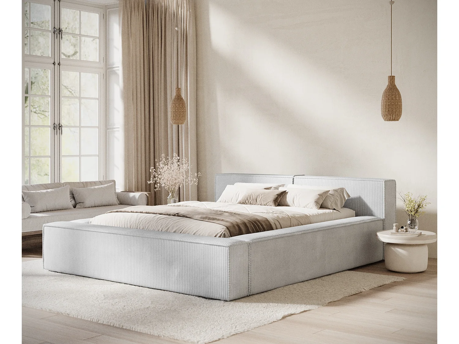 Lit coffre 160 x 200 cm avec tête de lit VOLIERA - en velours - gris clair