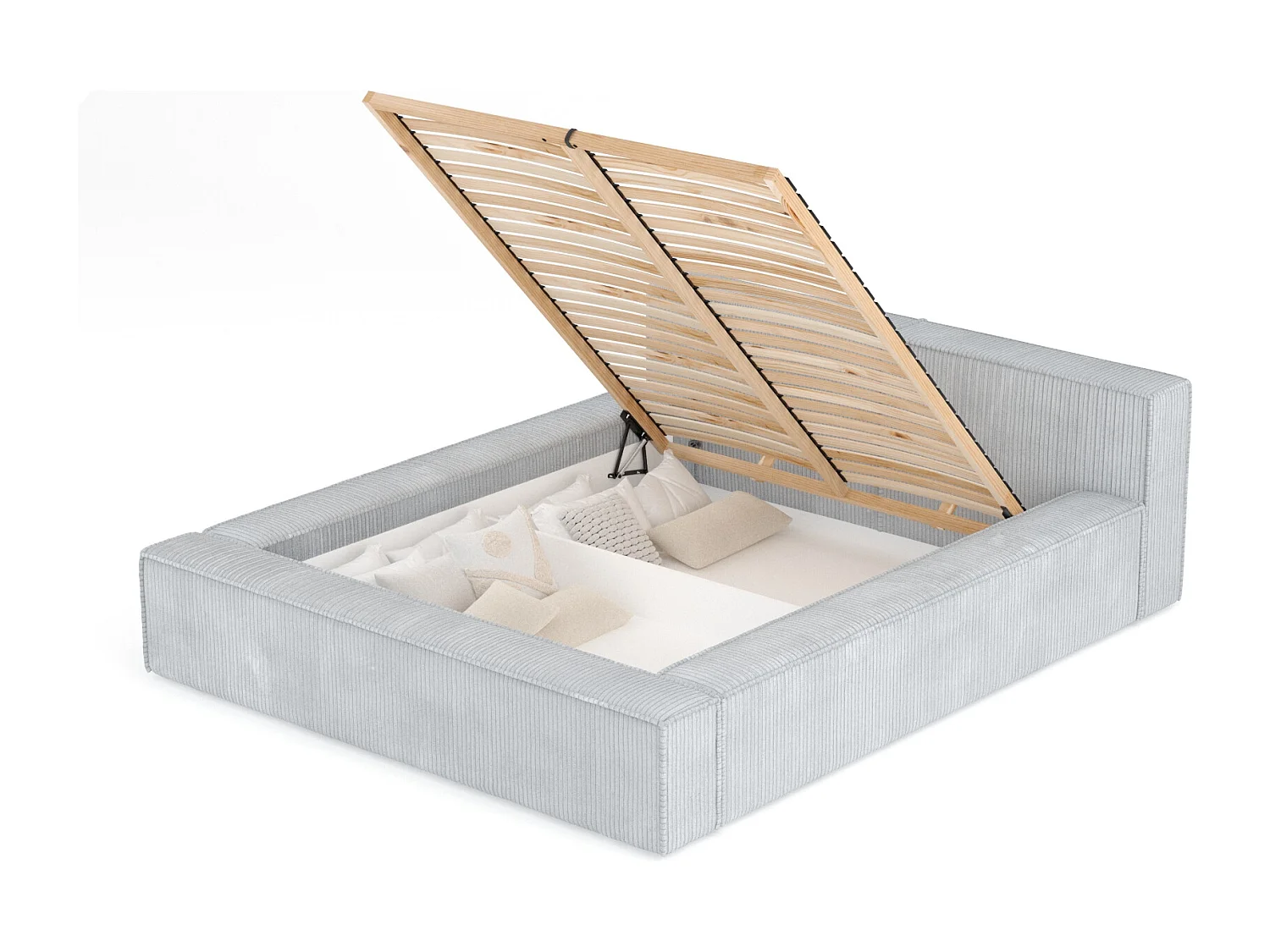 Lit coffre 160 x 200 cm avec tête de lit VOLIERA - en velours - gris clair