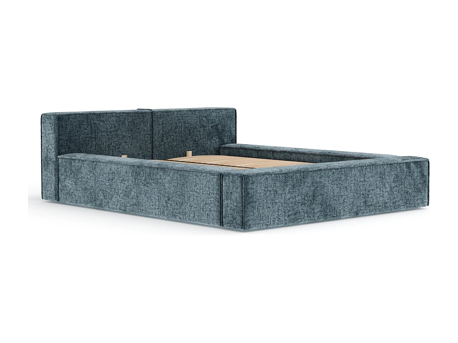 Lit coffre 160 x 200 cm avec tête de lit VOLIERA - en tissu chenille - bleu gris