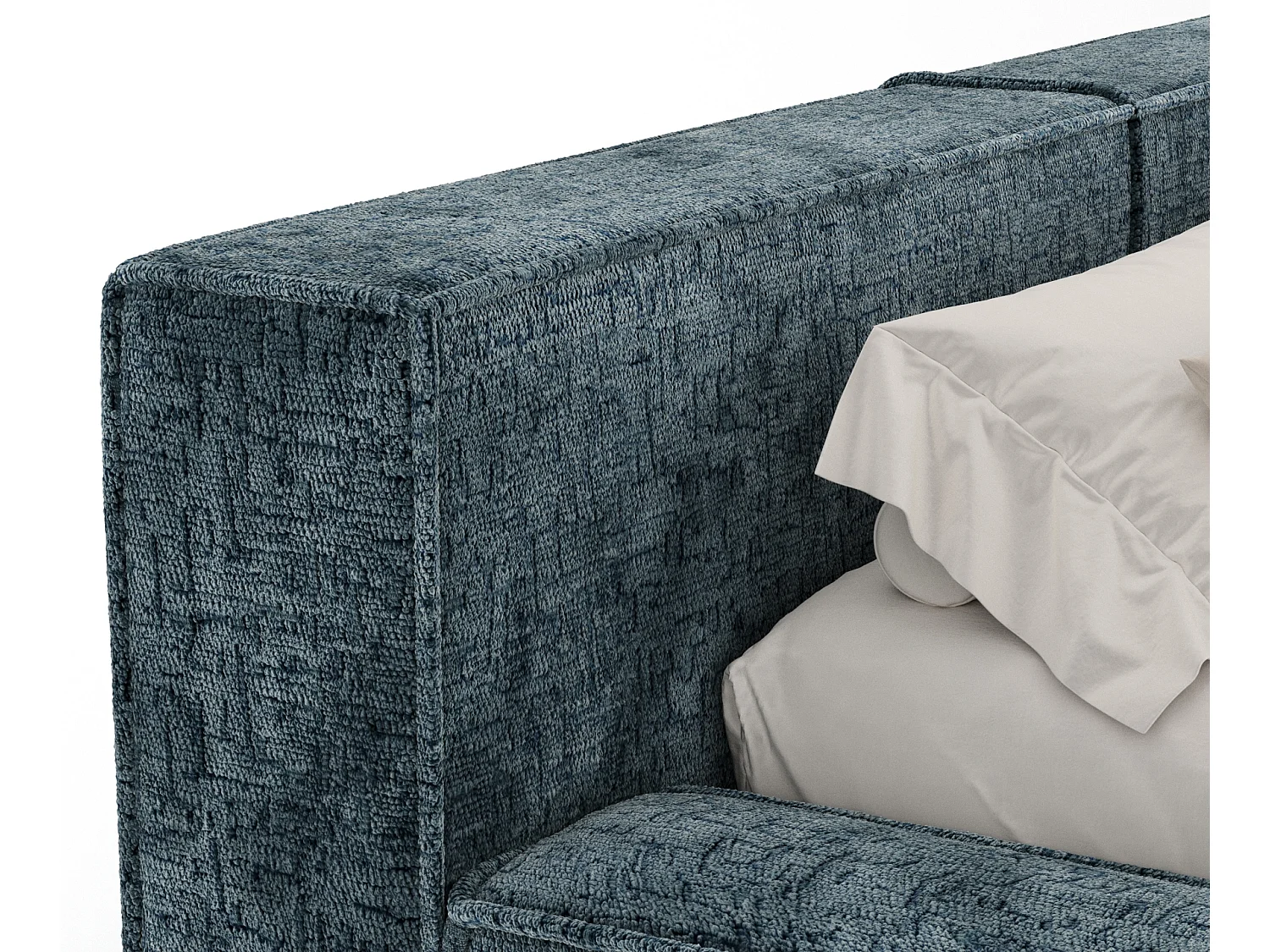 Lit coffre 160 x 200 cm avec tête de lit VOLIERA - en tissu chenille - bleu gris