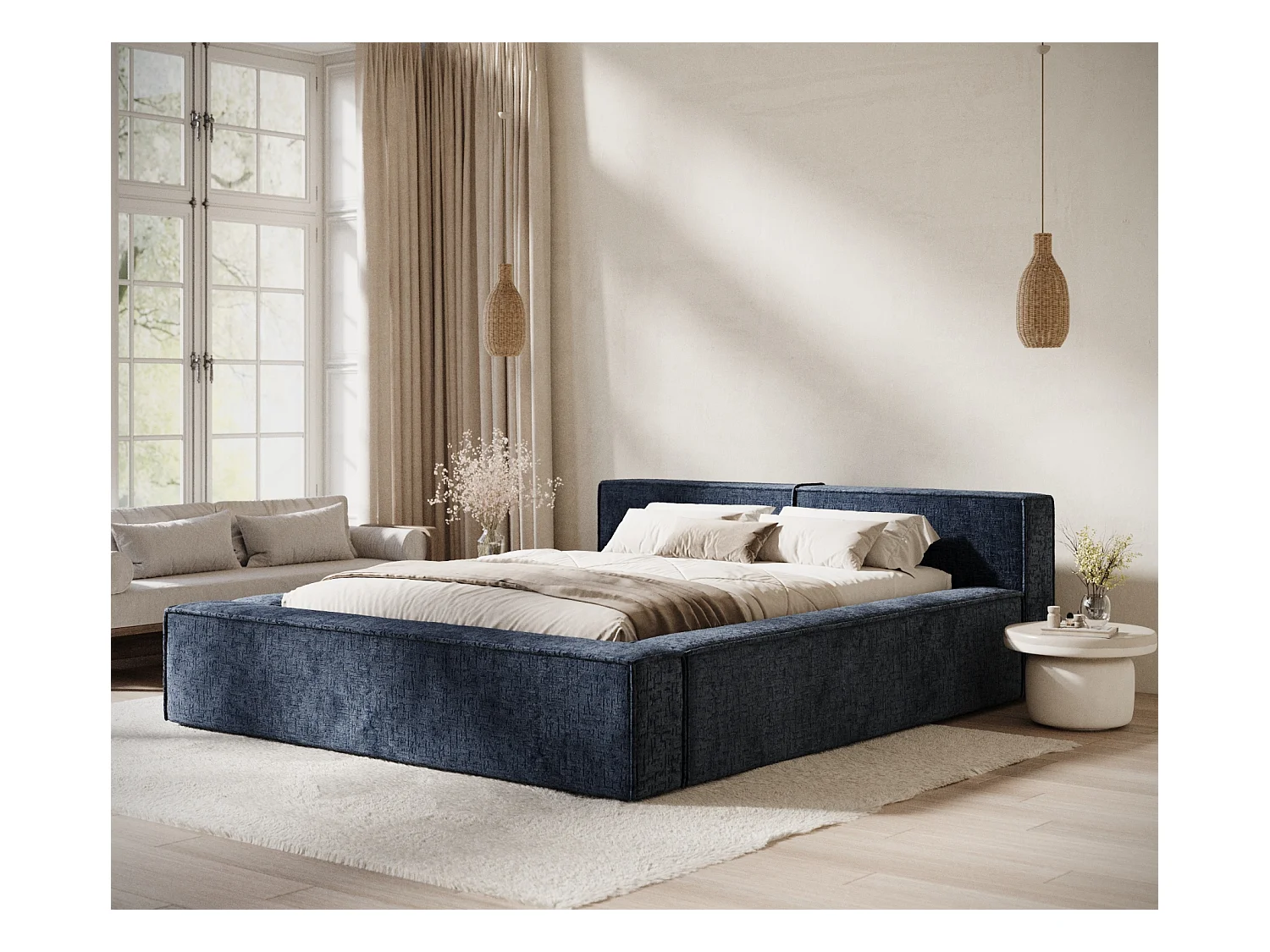 Lit coffre 180 x 200 cm avec tête de lit VOLIERA - en tissu chenille - bleu marine