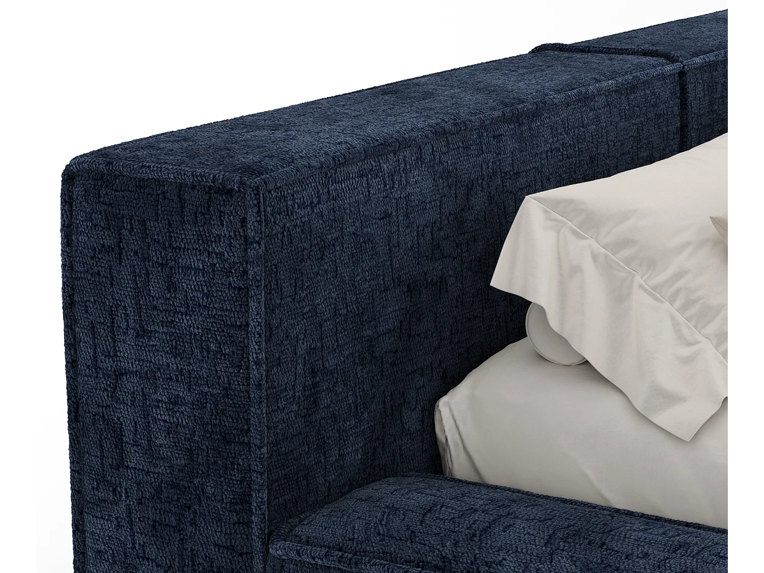 Lit coffre 180 x 200 cm avec tête de lit VOLIERA - en tissu chenille - bleu marine