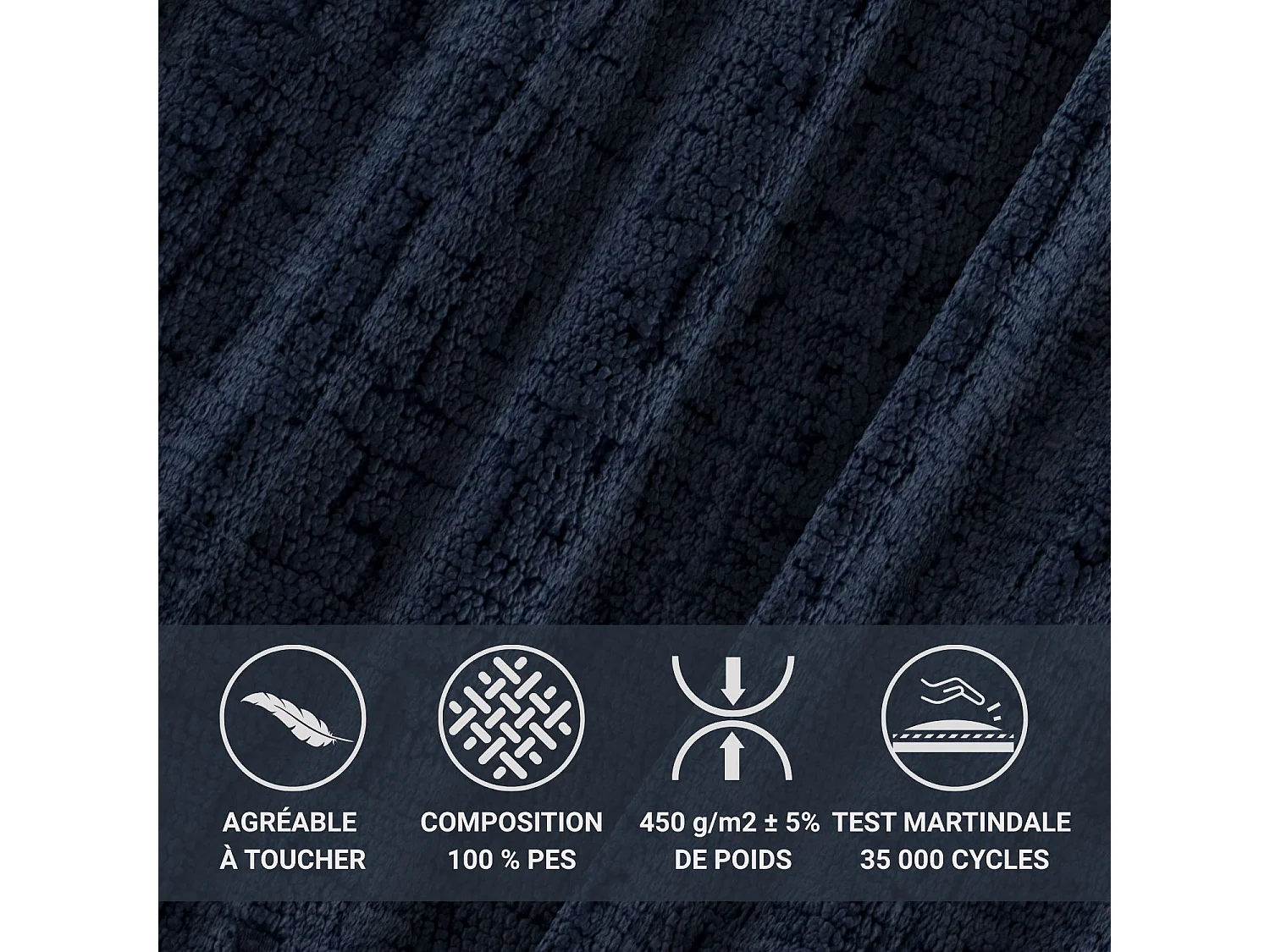 Lit coffre 180 x 200 cm avec tête de lit VOLIERA - en tissu chenille - bleu marine