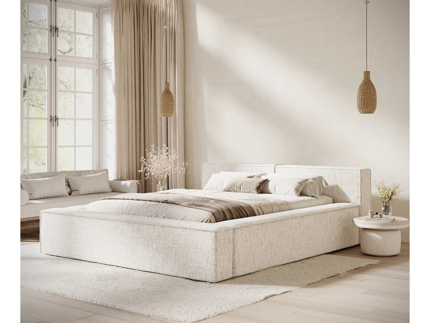 Lit coffre 200 x 200 cm avec tête de lit VOLIERA - en tissu tressé - creme