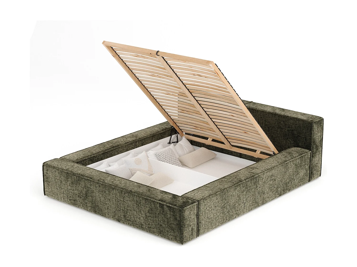 Lit coffre 140 x 200 cm avec tête de lit VOLIERA - en tissu chenille - vert olive