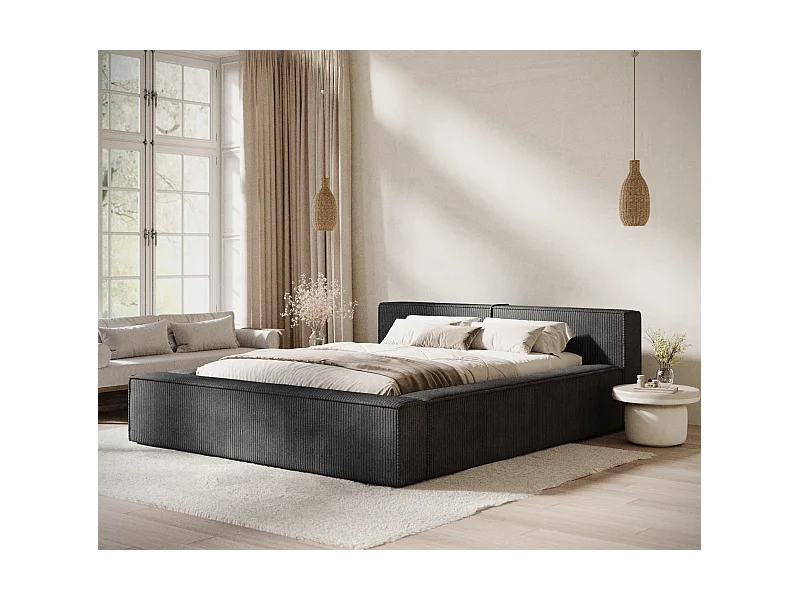 Lit coffre 200 x 200 cm avec tête de lit VOLIERA - en velours - graphite