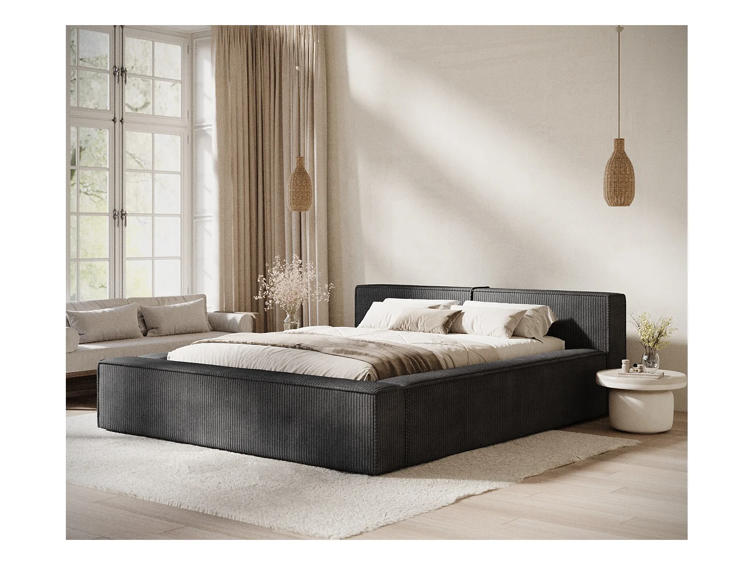 Lit coffre 200 x 200 cm avec tête de lit VOLIERA - en velours - graphite