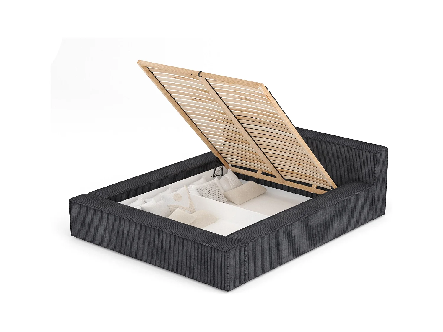 Lit coffre 200 x 200 cm avec tête de lit VOLIERA - en velours - graphite