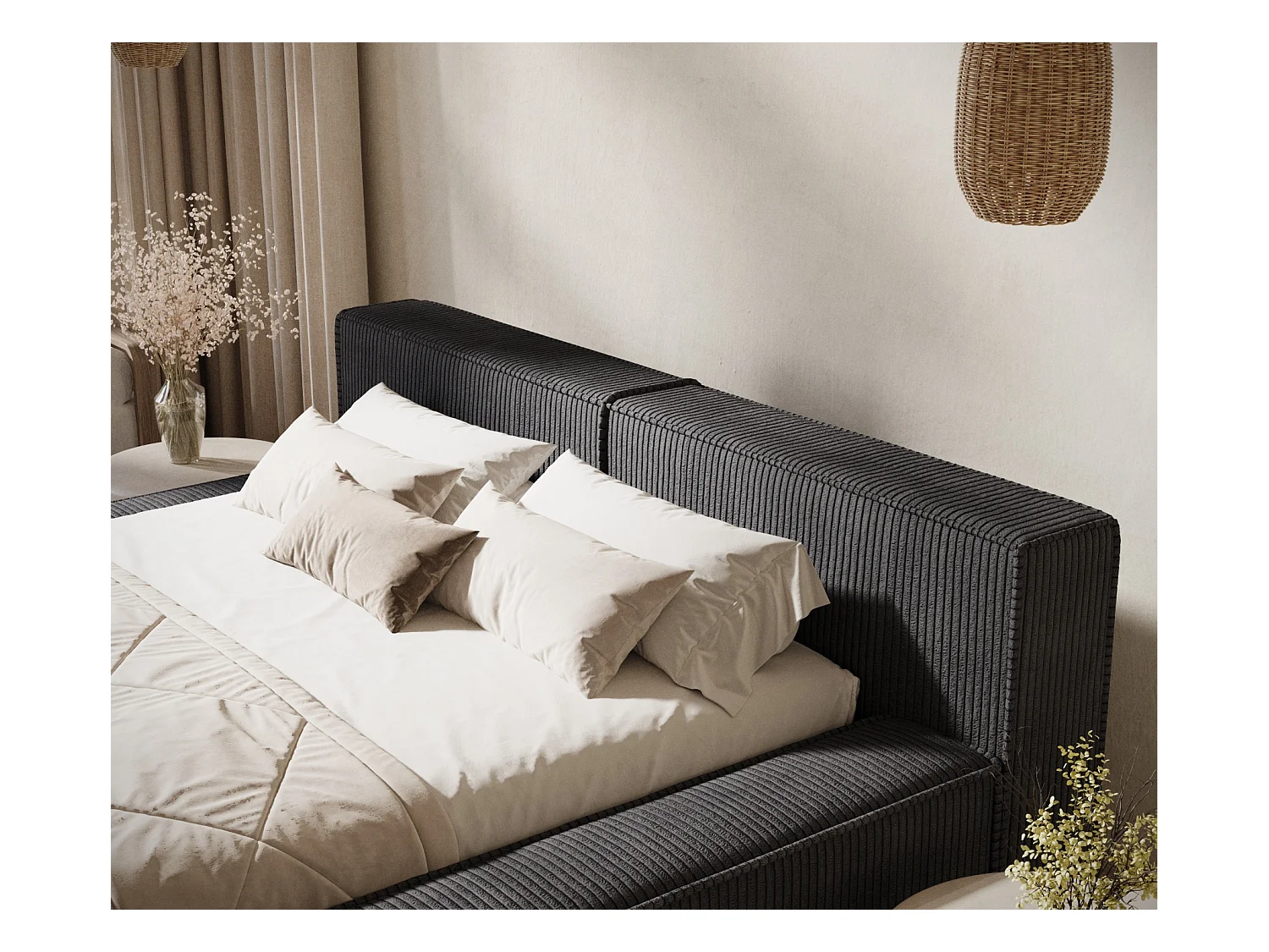 Lit coffre 200 x 200 cm avec tête de lit VOLIERA - en velours - graphite