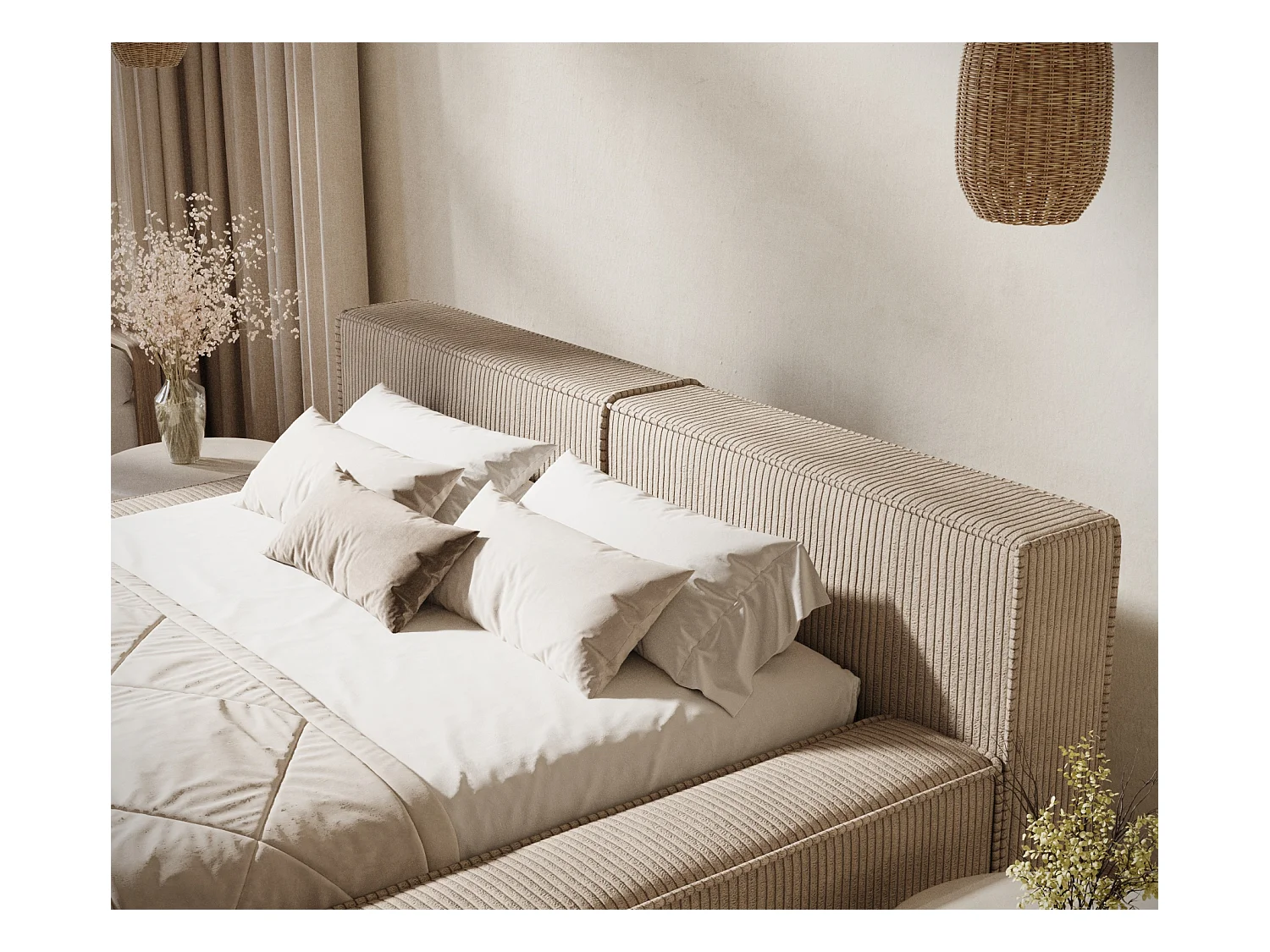 Lit coffre 200 x 200 cm avec tête de lit VOLIERA - en velours - beige foncé