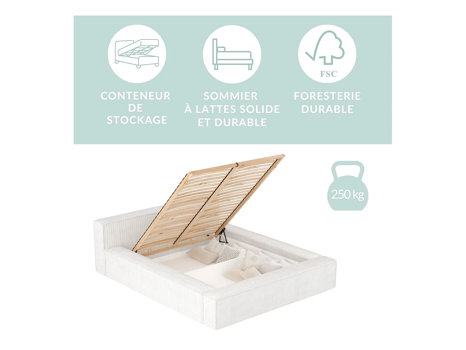 Lit coffre 200 x 200 cm avec tête de lit VOLIERA - en velours - beige foncé