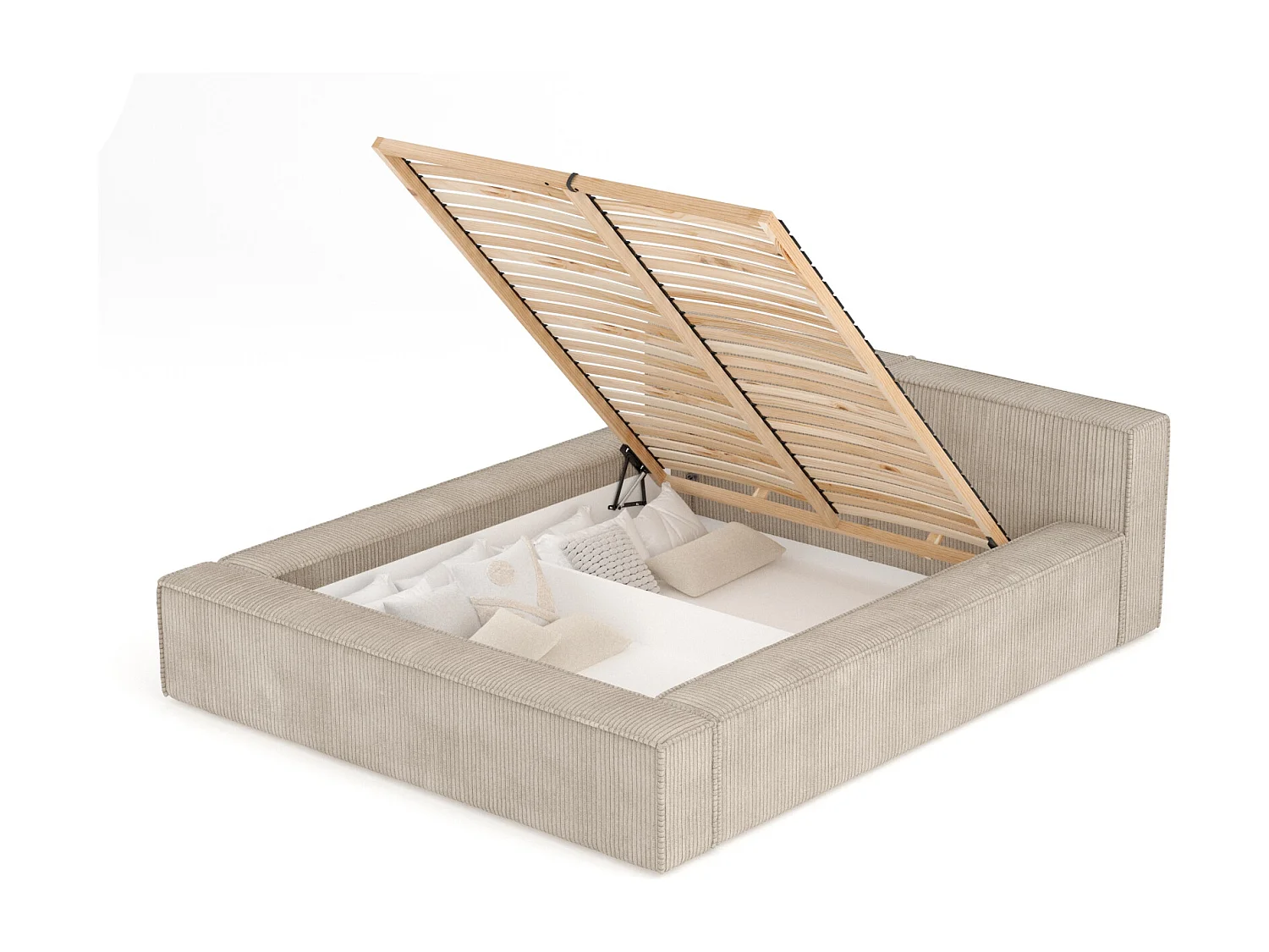 Lit coffre 200 x 200 cm avec tête de lit VOLIERA - en velours - beżowy