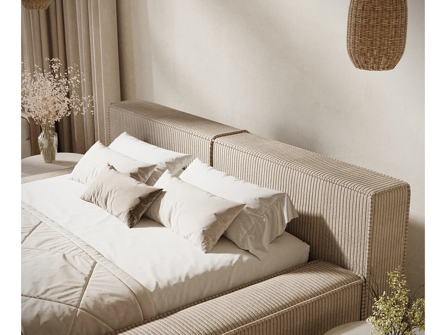 Lit coffre 200 x 200 cm avec tête de lit VOLIERA - en velours - beżowy