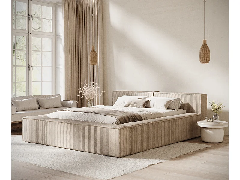 Lit coffre 200 x 200 cm avec tête de lit VOLIERA - en velours - beżowy