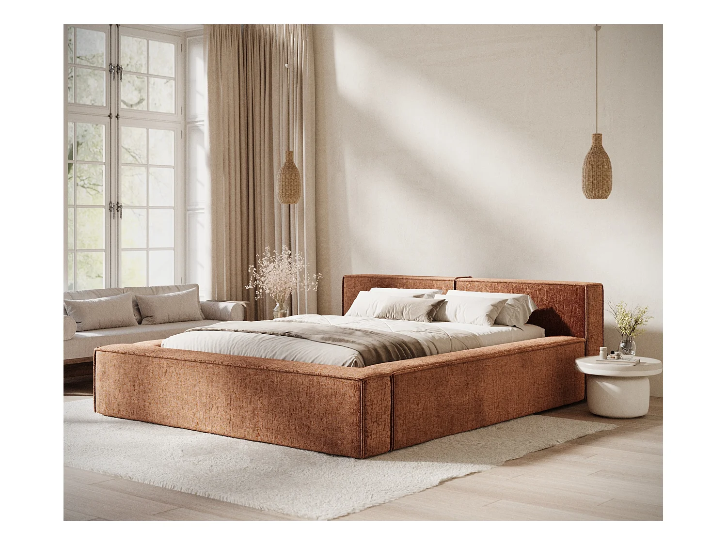 Lit coffre 160 x 200 cm avec tête de lit VOLIERA - en tissu chenille - cuivre