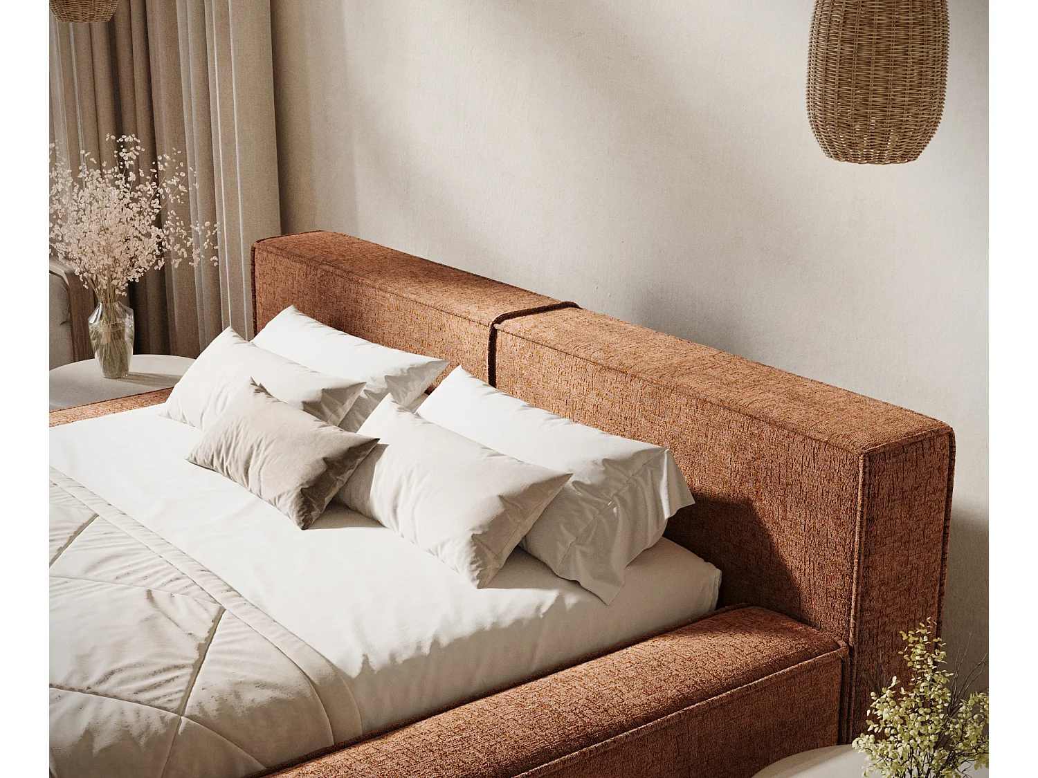 Lit coffre 160 x 200 cm avec tête de lit VOLIERA - en tissu chenille - miedziany