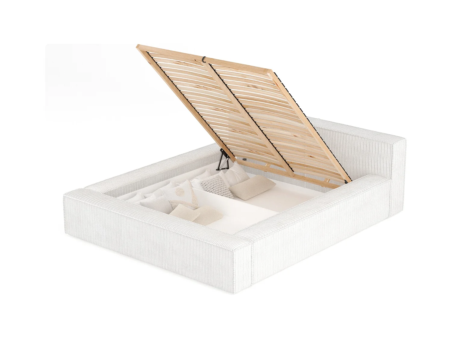 Lit coffre 160 x 200 cm avec tête de lit VOLIERA - en velours - creme