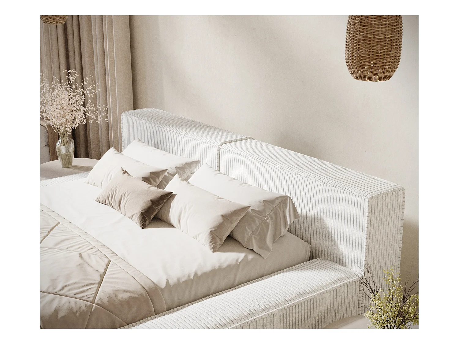 Lit coffre 160 x 200 cm avec tête de lit VOLIERA - en velours - creme