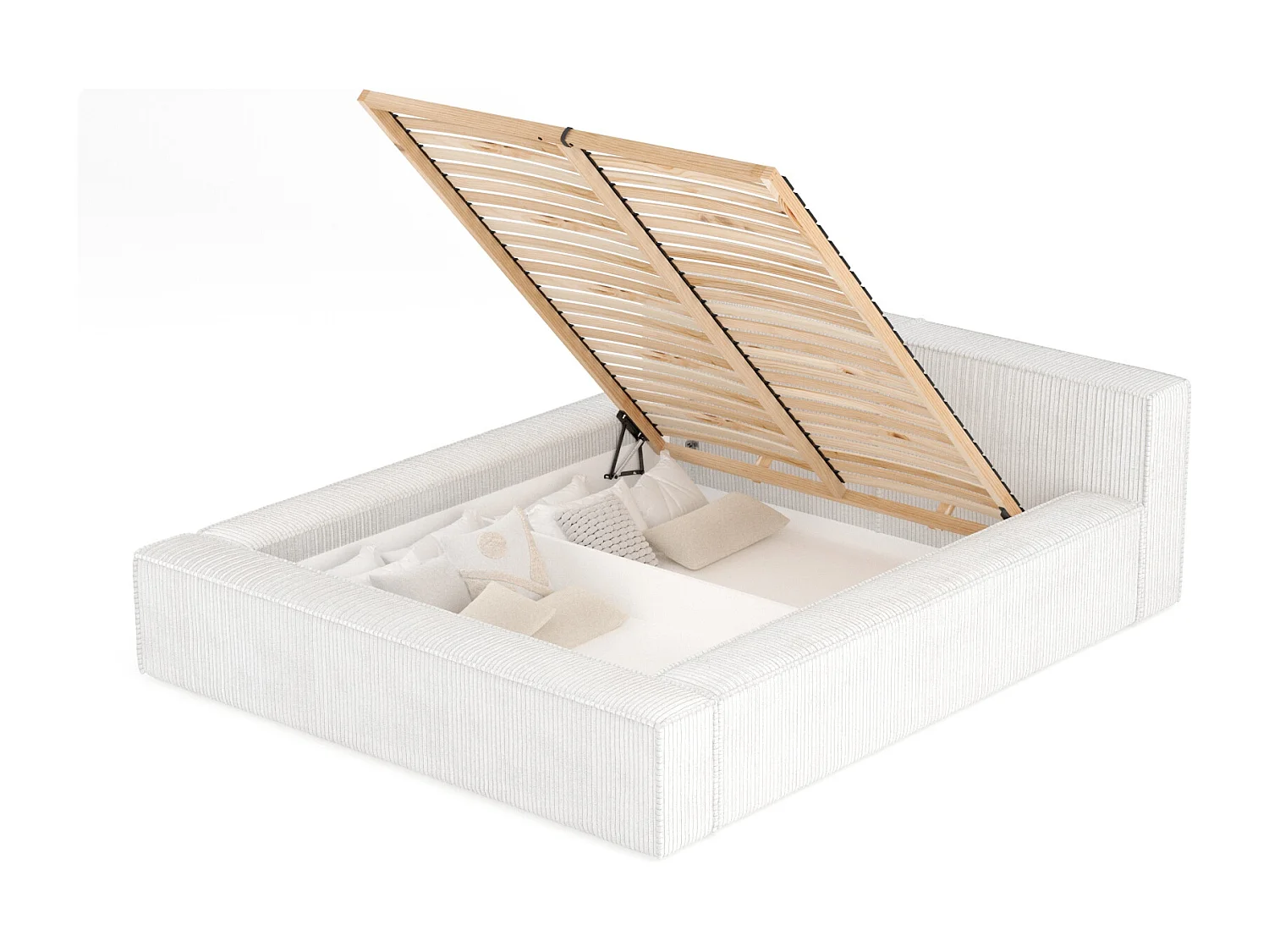 Lit coffre 160 x 200 cm avec tête de lit VOLIERA - en velours - creme