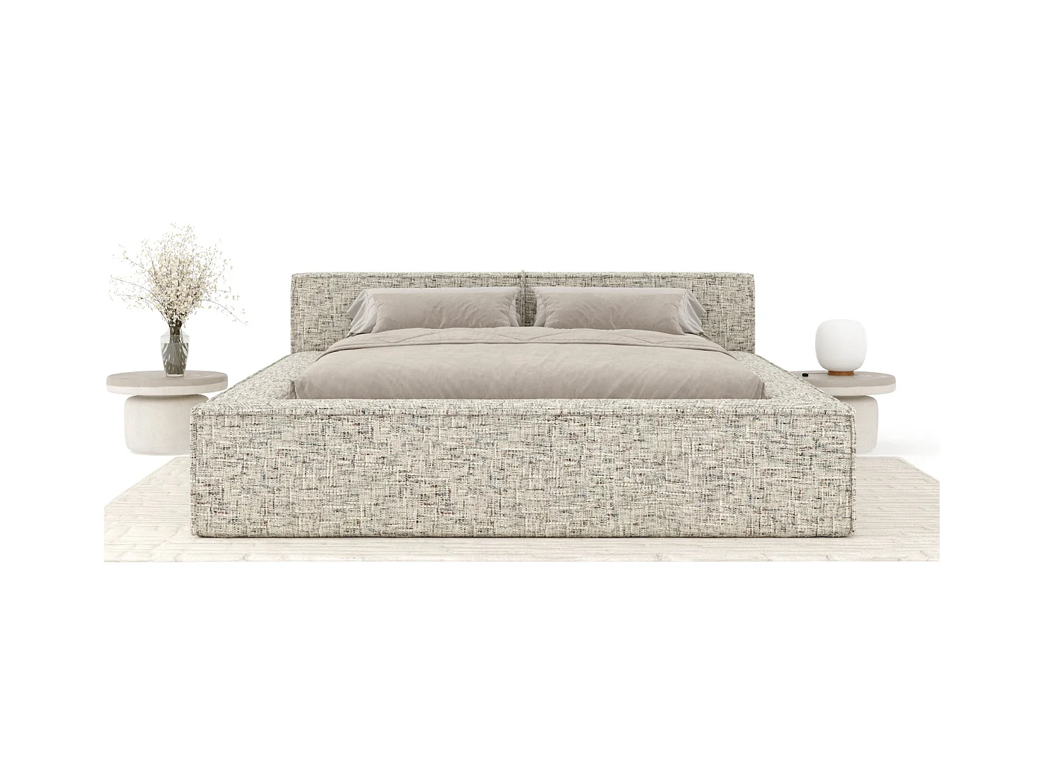 Lit coffre 160 x 200 cm avec tête de lit VOLIERA - en tissu tressé - beige