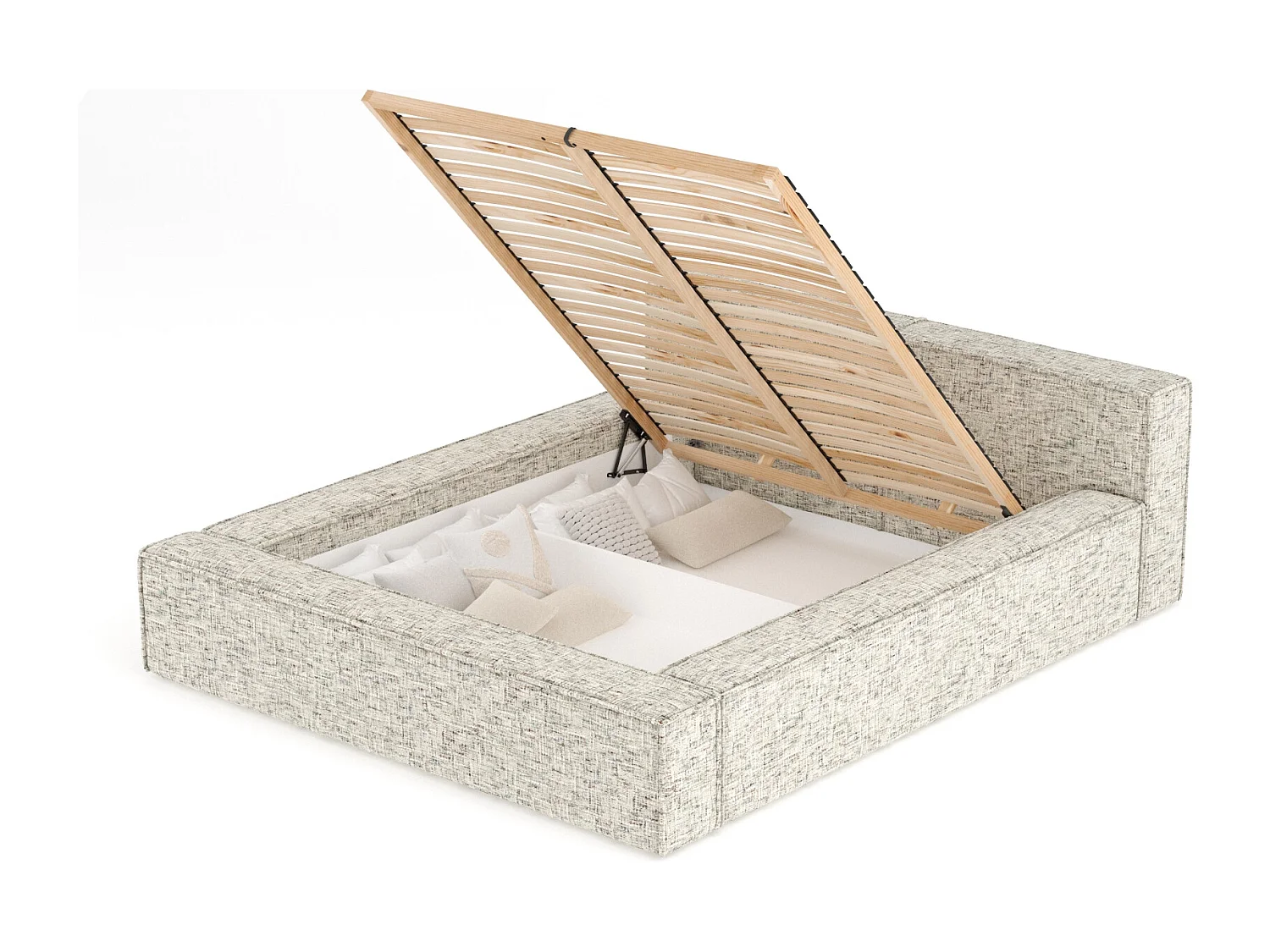 Lit coffre 160 x 200 cm avec tête de lit VOLIERA - en tissu tressé - beige