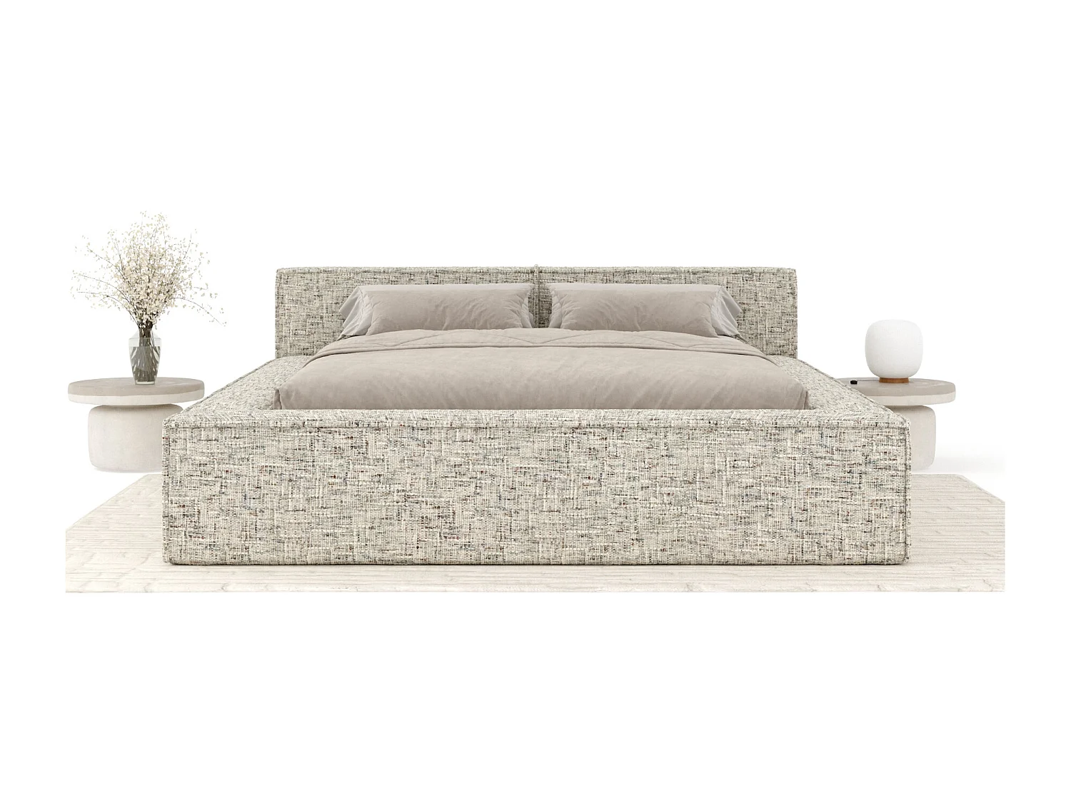 Lit coffre 160 x 200 cm avec tête de lit VOLIERA - en tissu tressé - beige