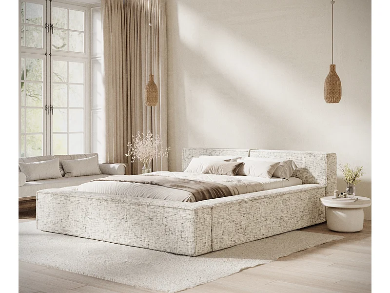 Lit coffre 160 x 200 cm avec tête de lit VOLIERA - en tissu tressé - beige