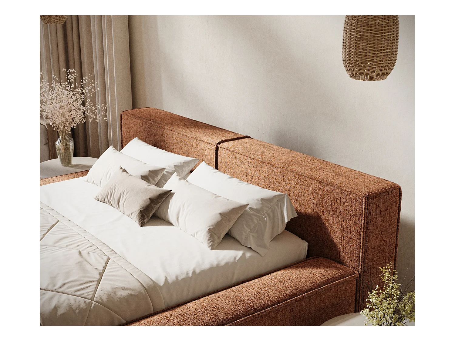 Lit coffre 140 x 200 cm avec tête de lit VOLIERA - en tissu chenille - cuivre