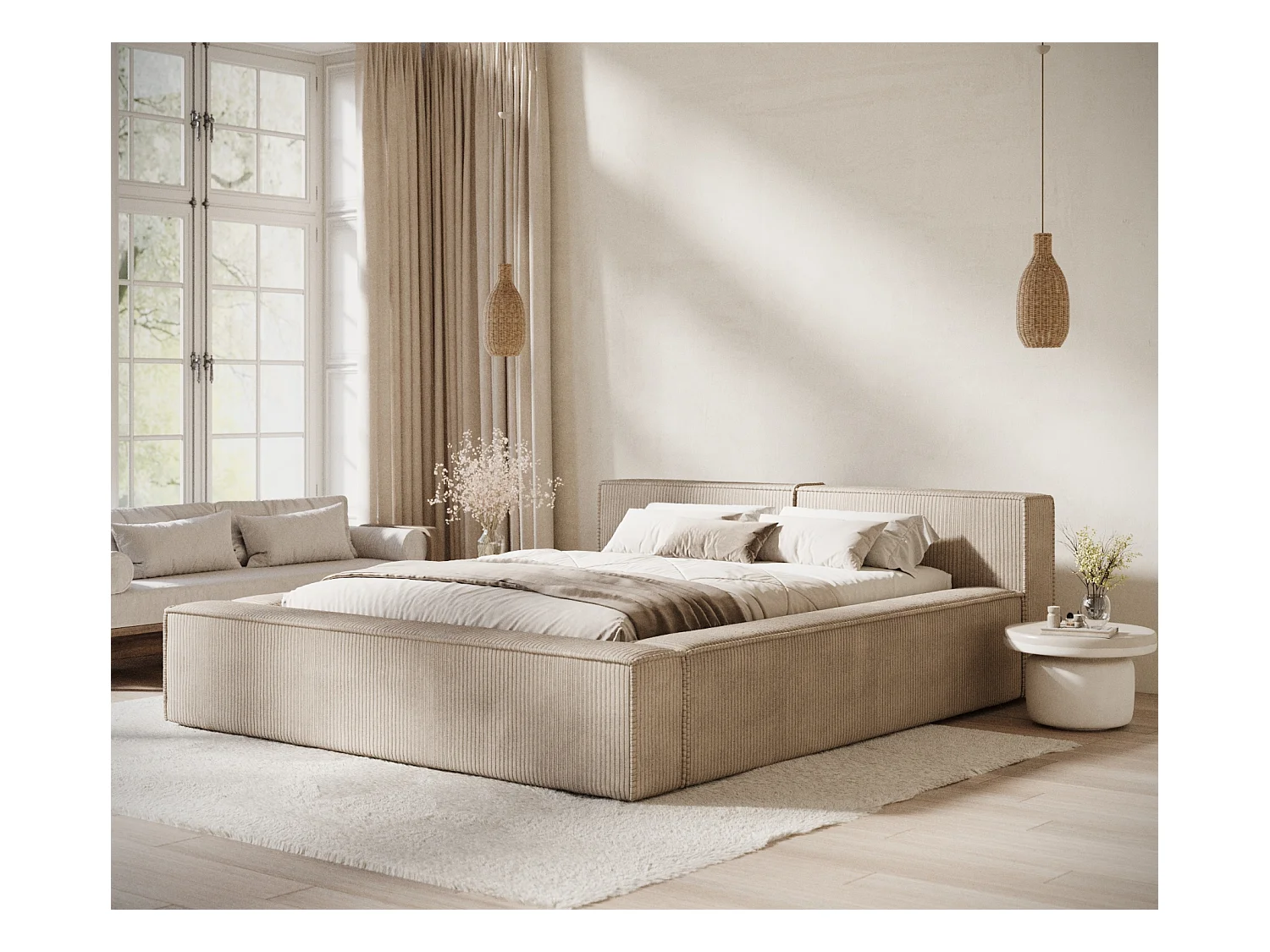 Lit coffre 180 x 200 cm avec tête de lit VOLIERA - en velours - beige foncé