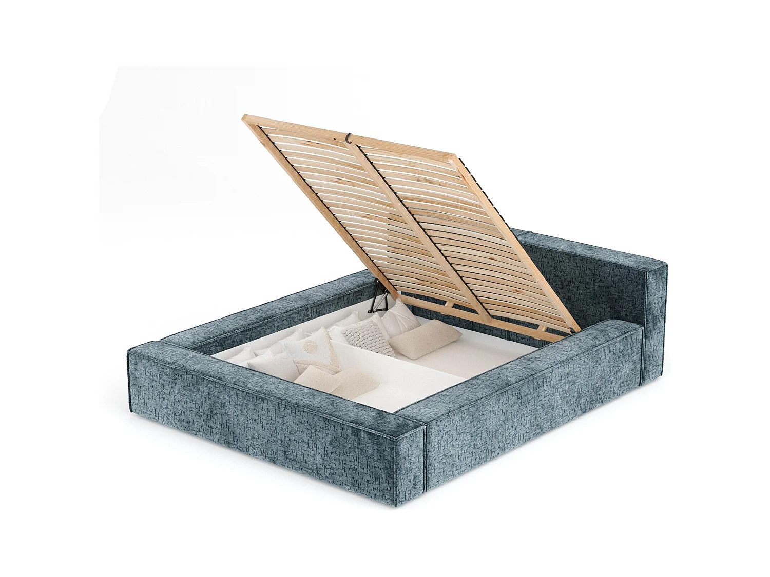 Lit coffre 180 x 200 cm avec tête de lit VOLIERA - en tissu chenille - bleu gris