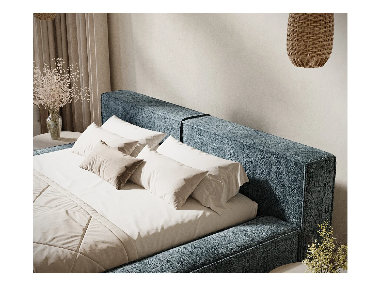 Lit coffre 180 x 200 cm avec tête de lit VOLIERA - en tissu chenille - bleu gris