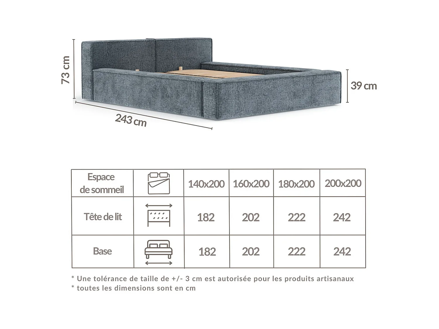 Lit coffre 180 x 200 cm avec tête de lit VOLIERA - en tissu chenille - bleu gris