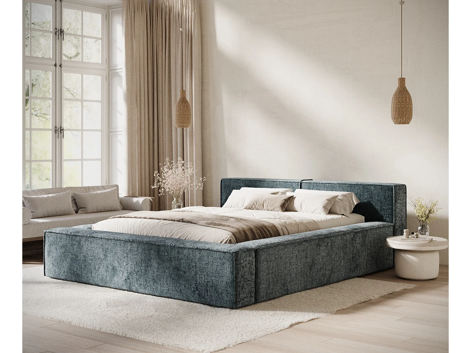 Lit coffre 180 x 200 cm avec tête de lit VOLIERA - en tissu chenille - bleu gris