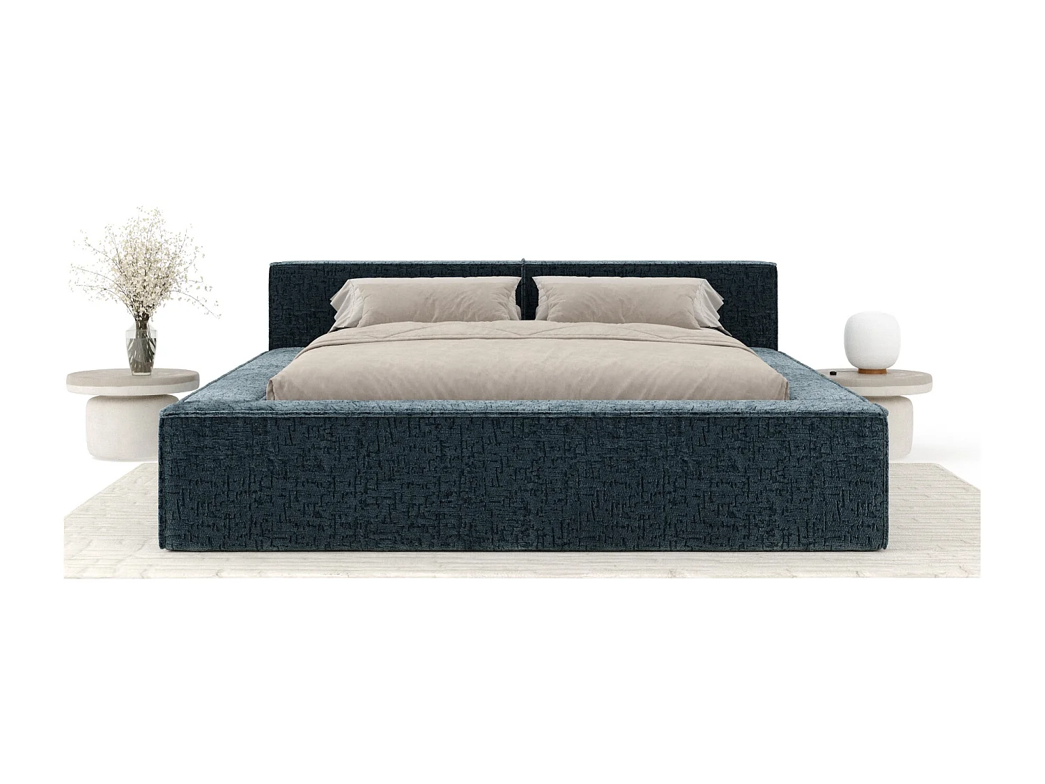 Lit coffre 180 x 200 cm avec tête de lit VOLIERA - en tissu chenille - bleu gris