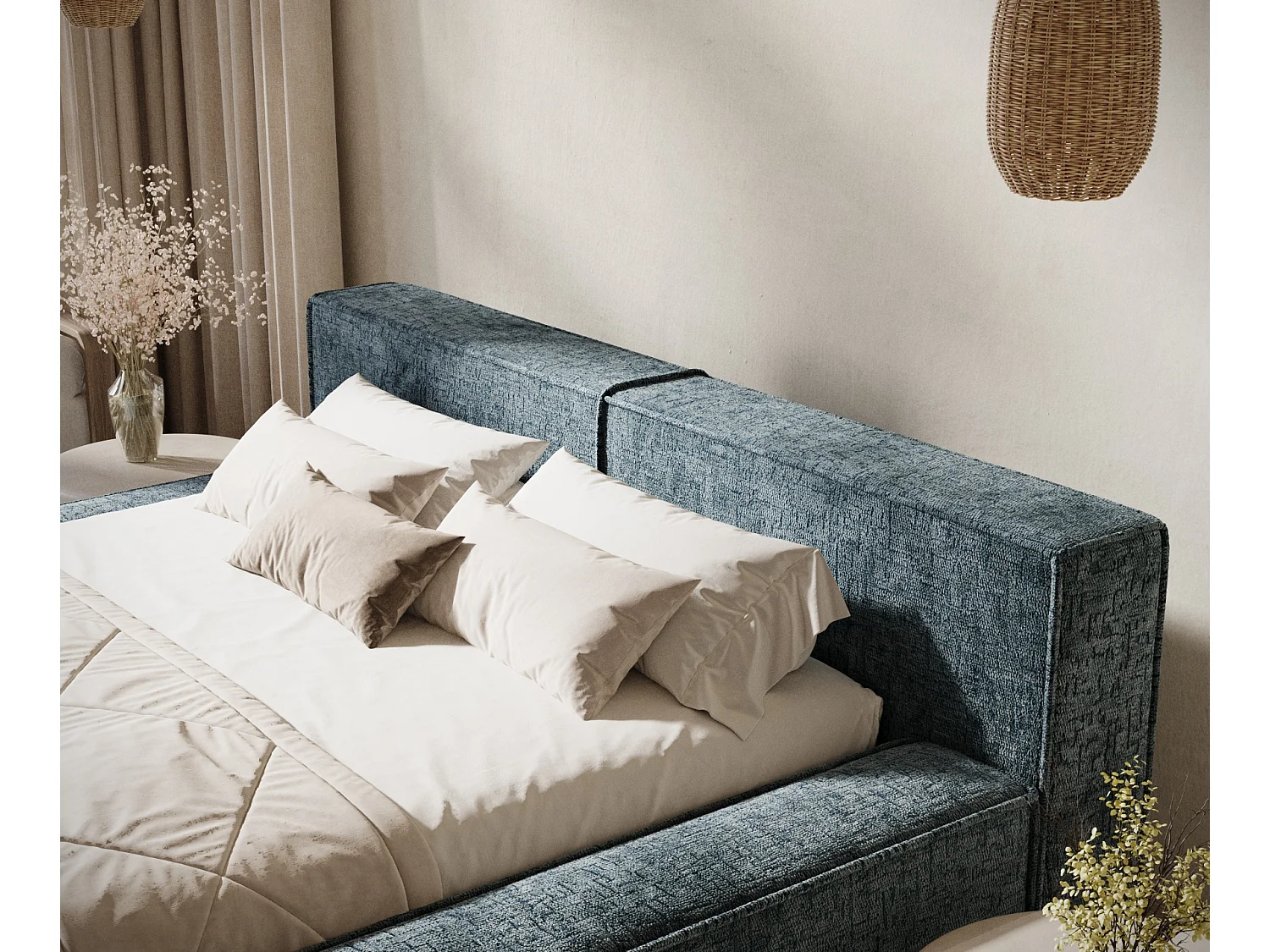 Lit coffre 180 x 200 cm avec tête de lit VOLIERA - en tissu chenille - bleu gris