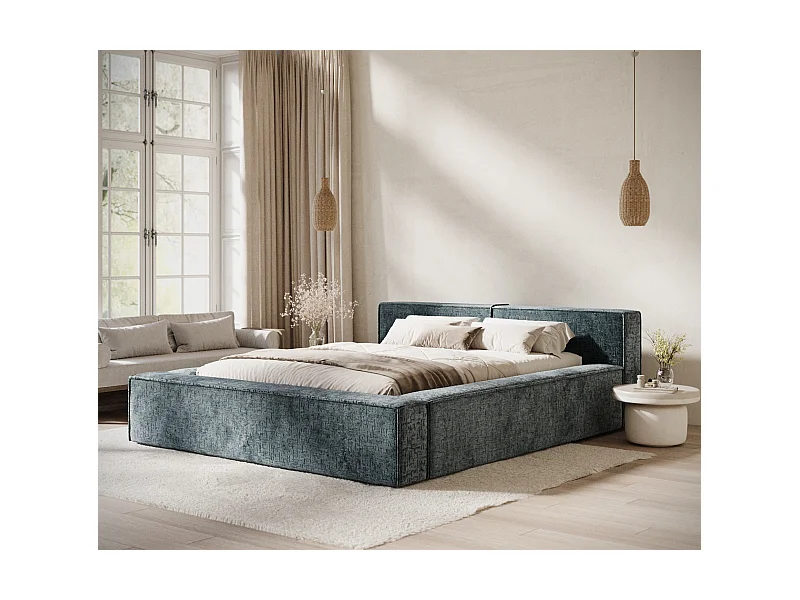 Lit coffre 200 x 200 cm avec tête de lit VOLIERA - en tissu chenille - bleu gris