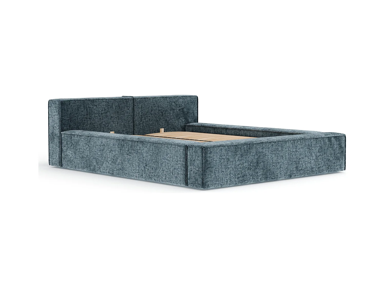 Lit coffre 200 x 200 cm avec tête de lit VOLIERA - en tissu chenille - bleu gris