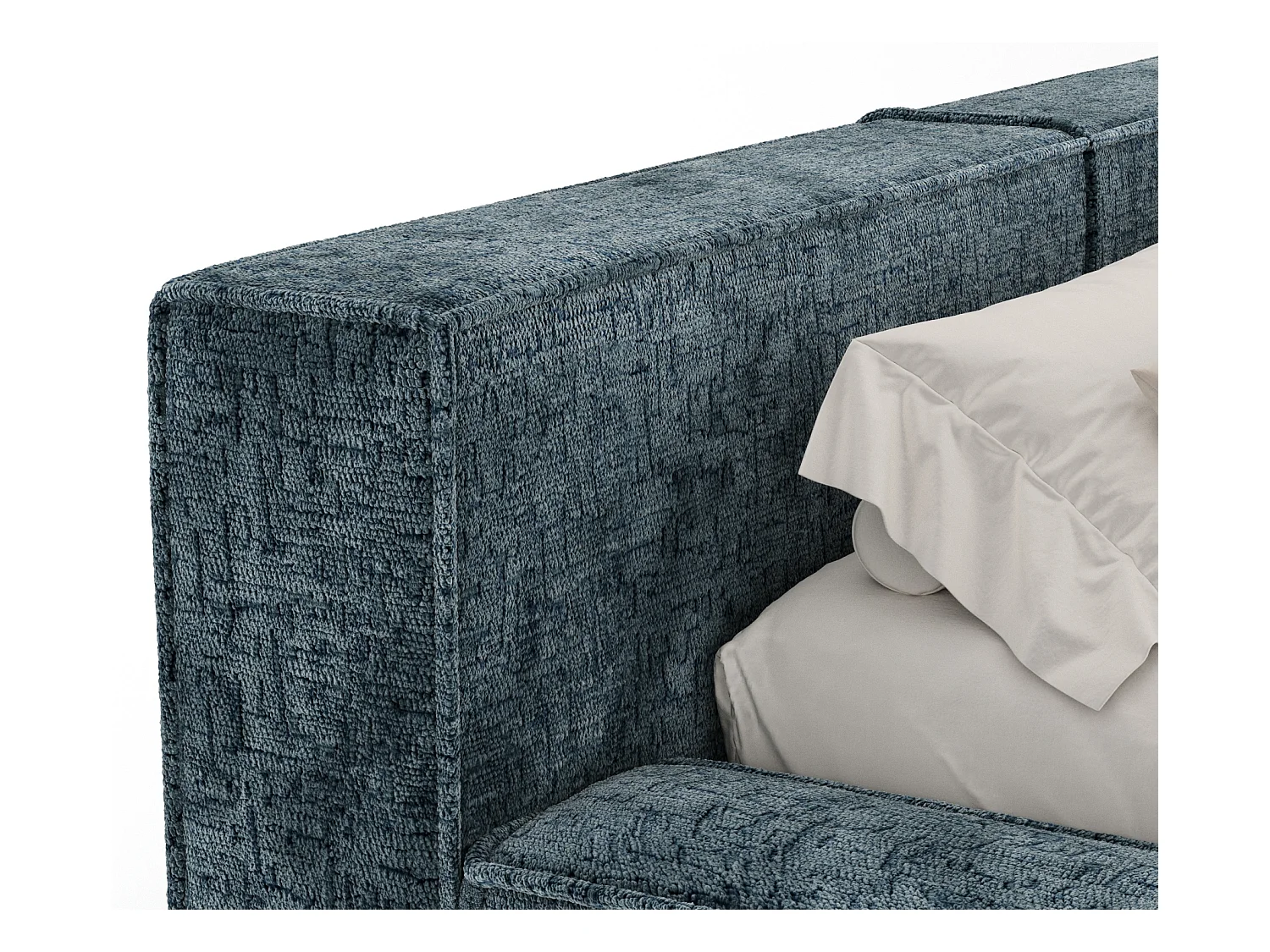Lit coffre 200 x 200 cm avec tête de lit VOLIERA - en tissu chenille - bleu gris